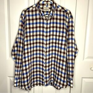 Haupt Linen Blue Brown Checked Button Up Size XL 17 1/2 Long Sleeve Mens Germany